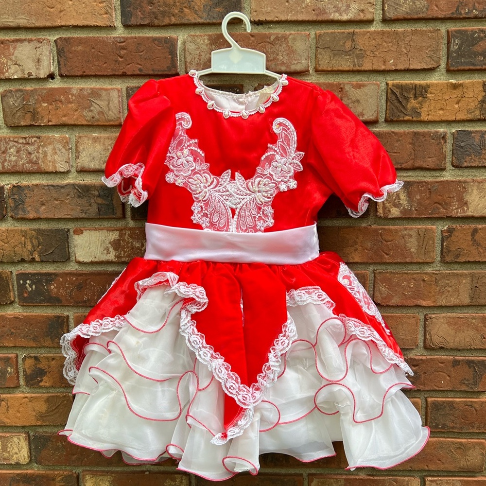 Vintage Baby Girls 90s White & Red Ruffle Lace and Tiered Frilly Lace Dress - Picture 6 of 14
